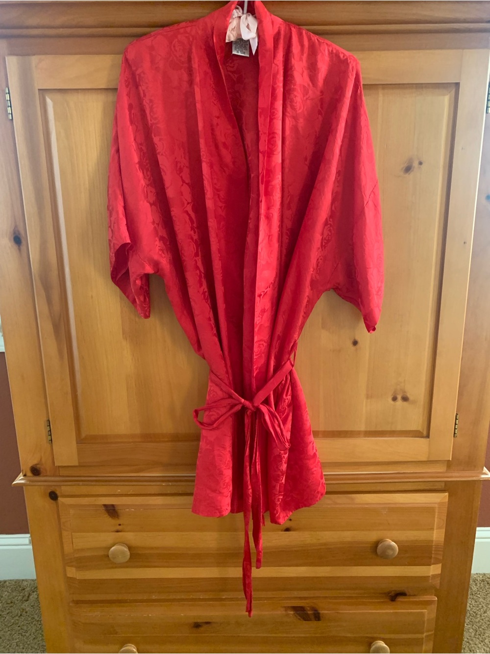 august silk Red Satin Floral Kimono Robe